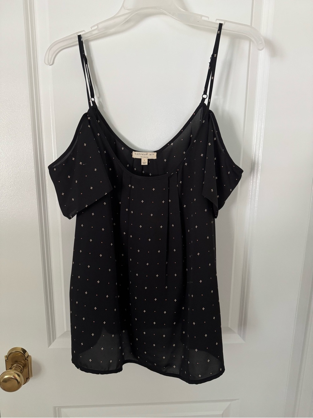 Current Air Black Cold-Shoulder Spaghetti Strap Camisole with Dot Print